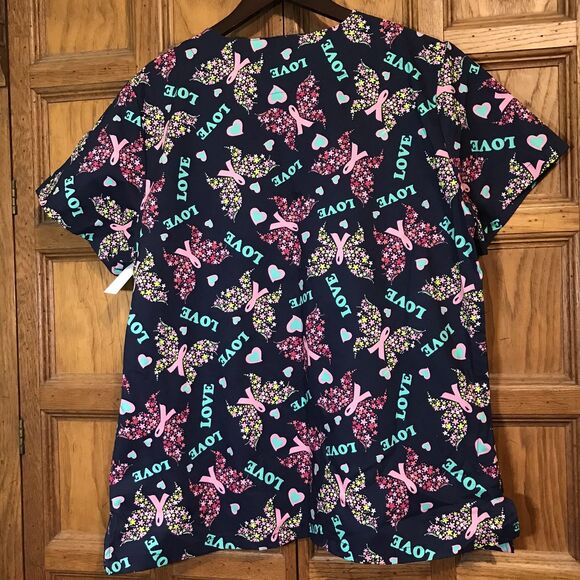 Scrub Studio Top Women's L Navy Butterfly Cotton Poly Pockets V-Neck SS Scrubs - Picture 6 of 10